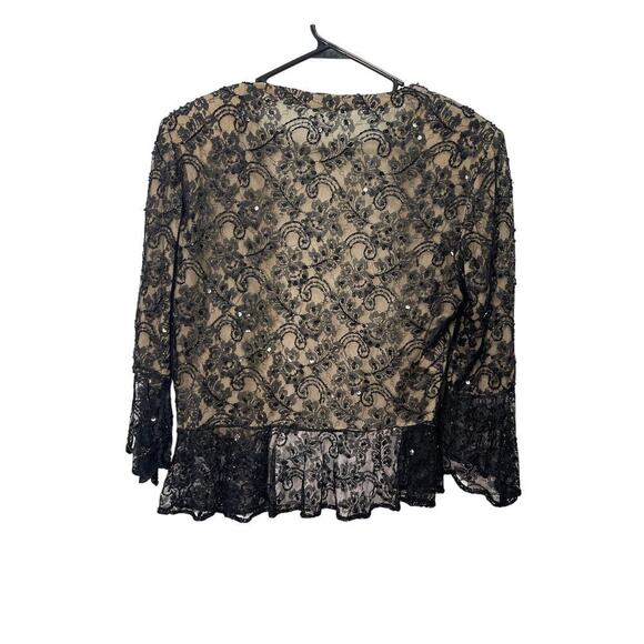 Vintage Cache Sequin Lace Black V Neck Scalloped Sleeve Evening Blouse Women's L - Picture 5 of 5